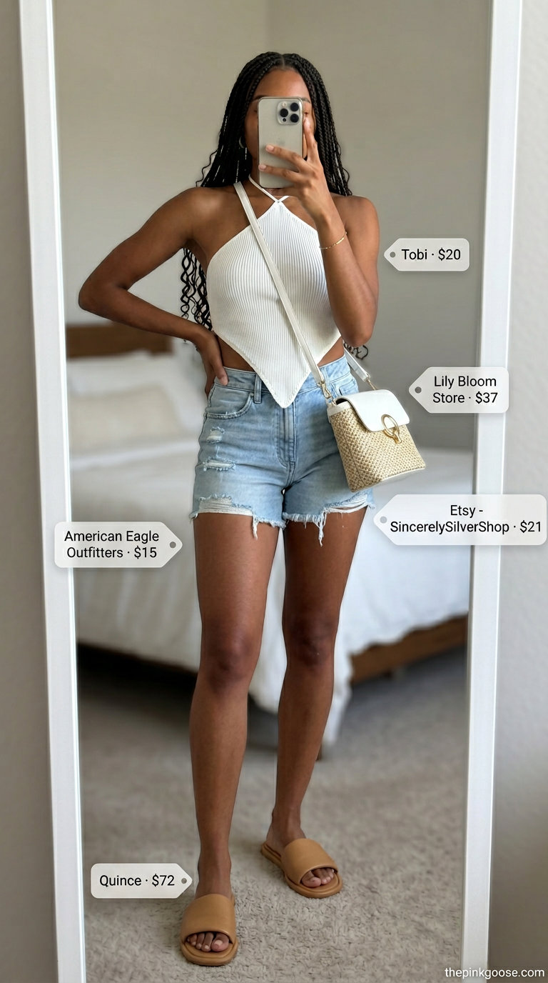 Crochet summer halter top outfits 2026: White crochet halter with denim shorts for coastal beach style.