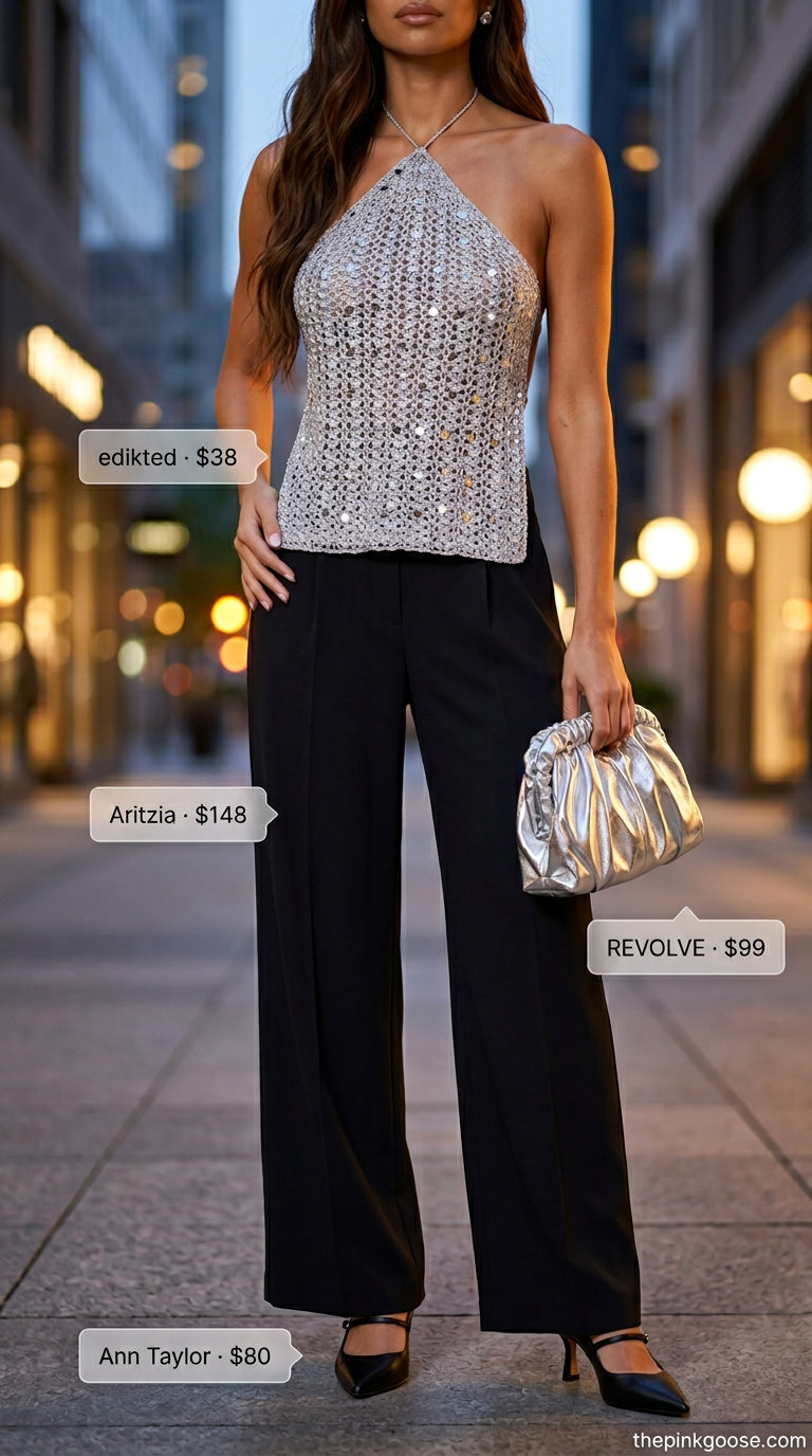 Glamorous crochet summer halter top outfits 2026 with silver sequins, black pants, and silver heels for evening events.