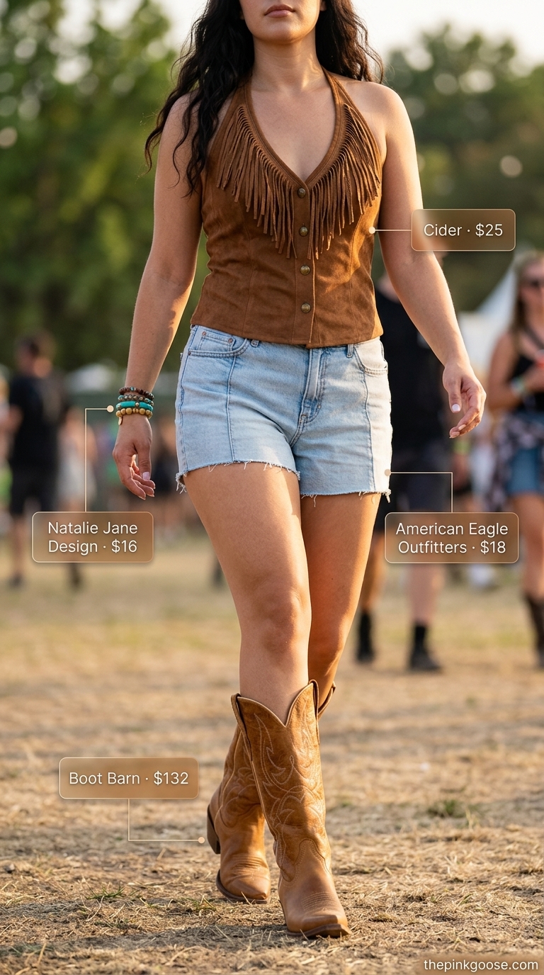 Brown crochet summer halter top outfits 2026 with fringe, denim shorts, cowboy boots for a boho festival look.