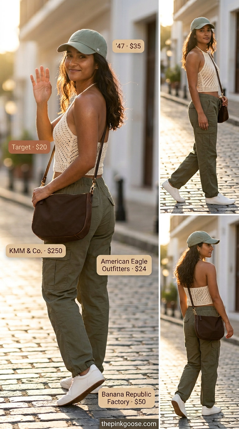 Comfortable crochet summer halter top outfits 2026 with cargo pants, sneakers, and baseball cap for travel.