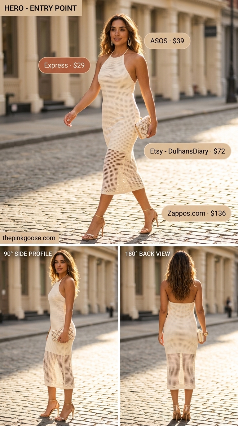 Crochet summer halter top outfits 2026: Champagne crochet halter dress with metallic heels for elegant events.