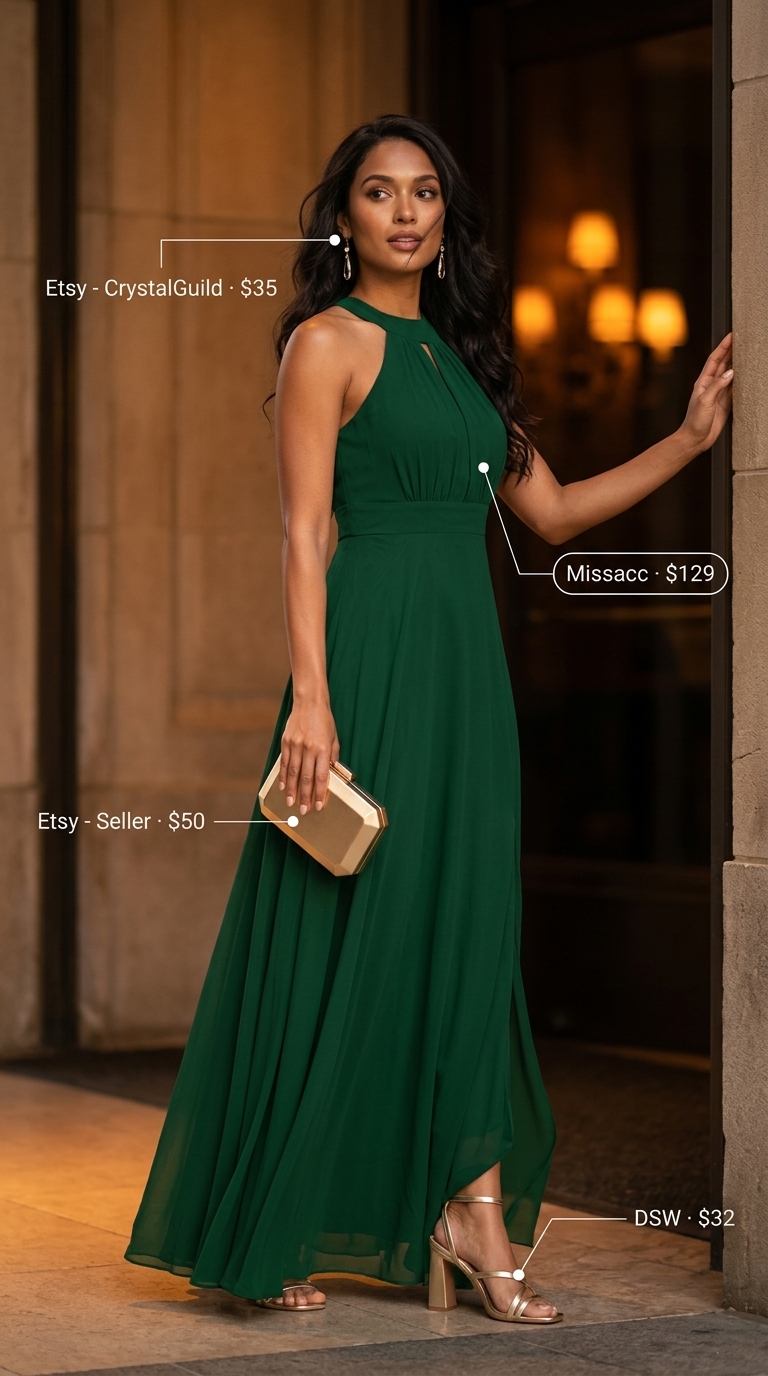 Elegant crochet summer halter top outfits 2026 in an emerald green maxi dress with gold heels for formal events.