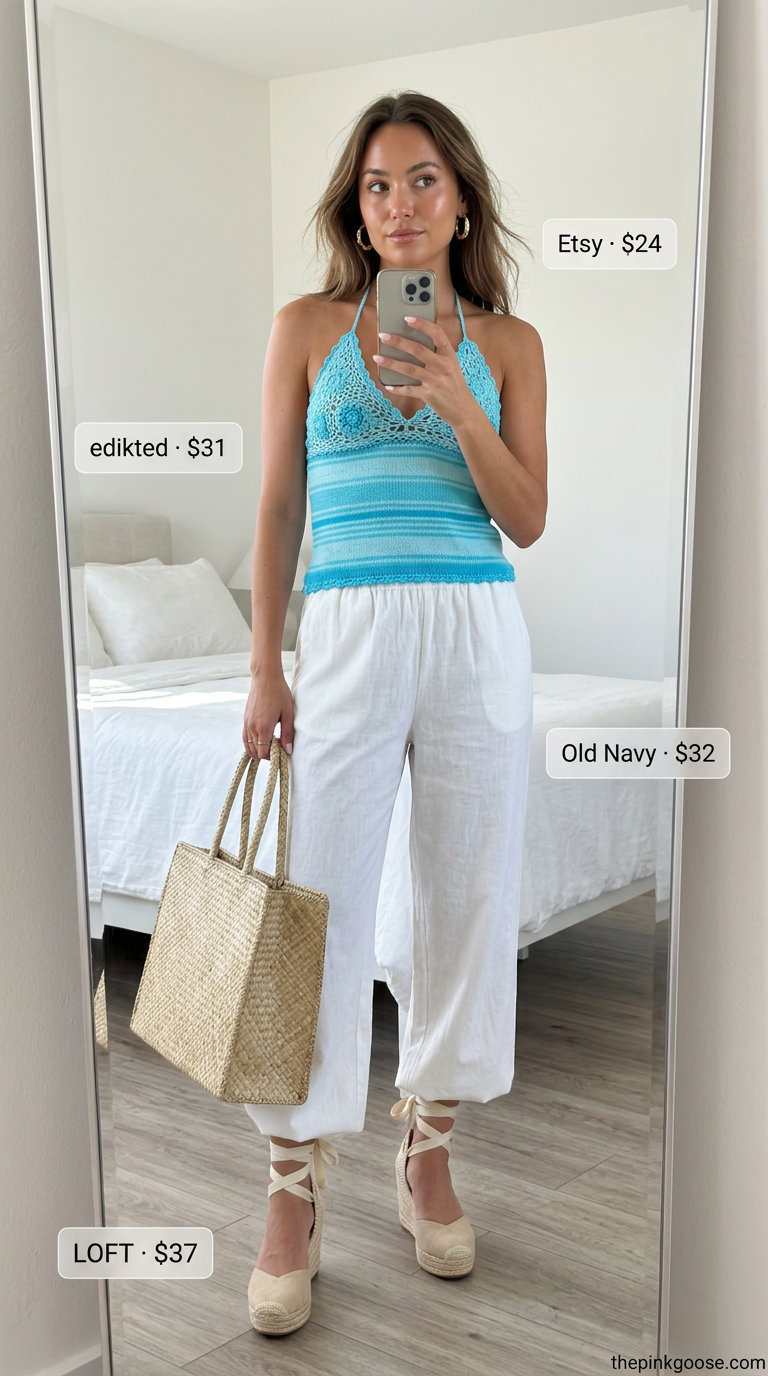 Crochet summer halter top outfits 2026: Navy and white striped halter with linen pants for Mediterranean vacation style.