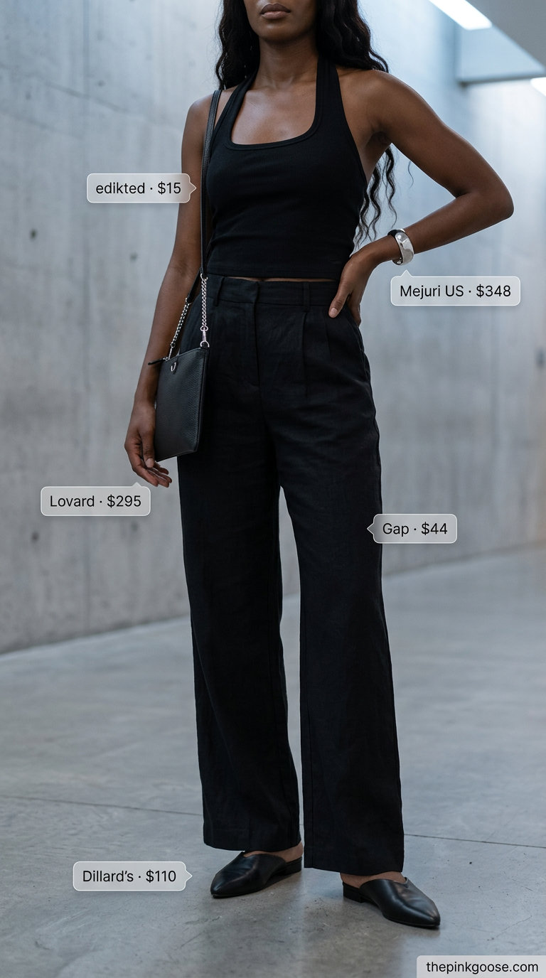 Black halter top outfits 2026 with wide-leg pants and mules for a minimalist chic look.