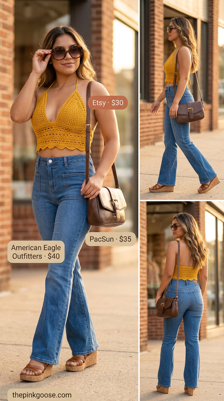 Crochet summer halter top outfits 2026: Mustard yellow crochet halter with flared denim jeans for a retro vibe.