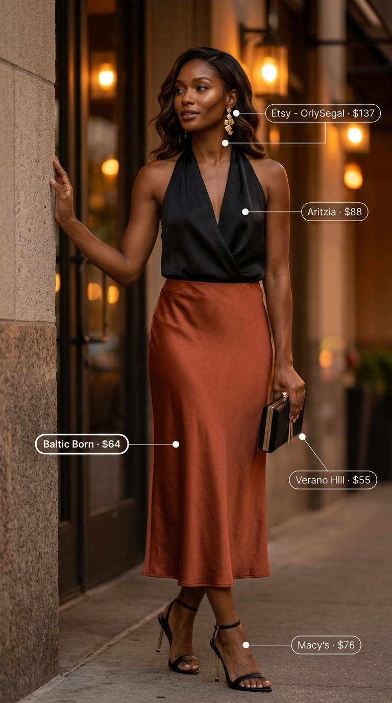 Chic crochet summer halter top outfits 2026 with a satin slip skirt and heeled sandals for date night.