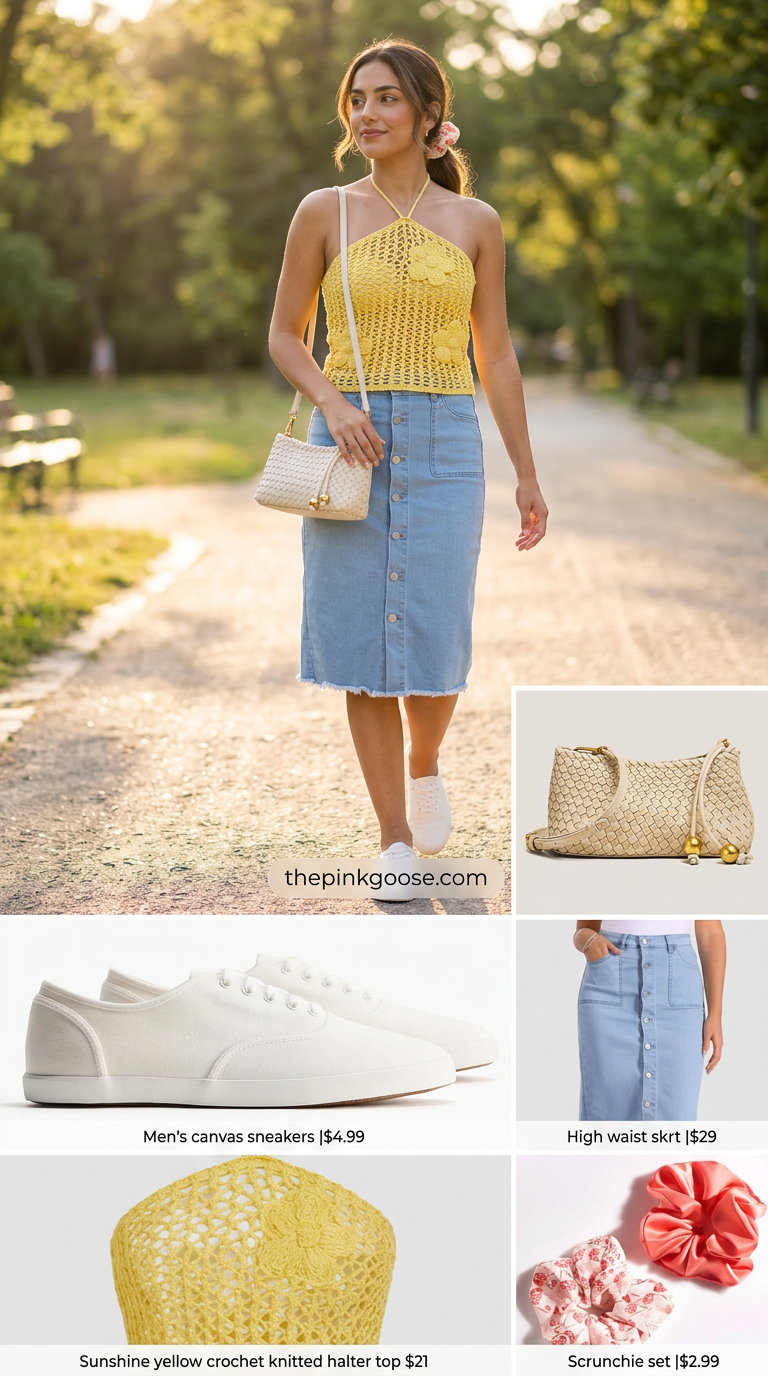 Romantic crochet summer halter top outfits 2026 with floral print, denim skirt, and canvas sneakers for picnics.