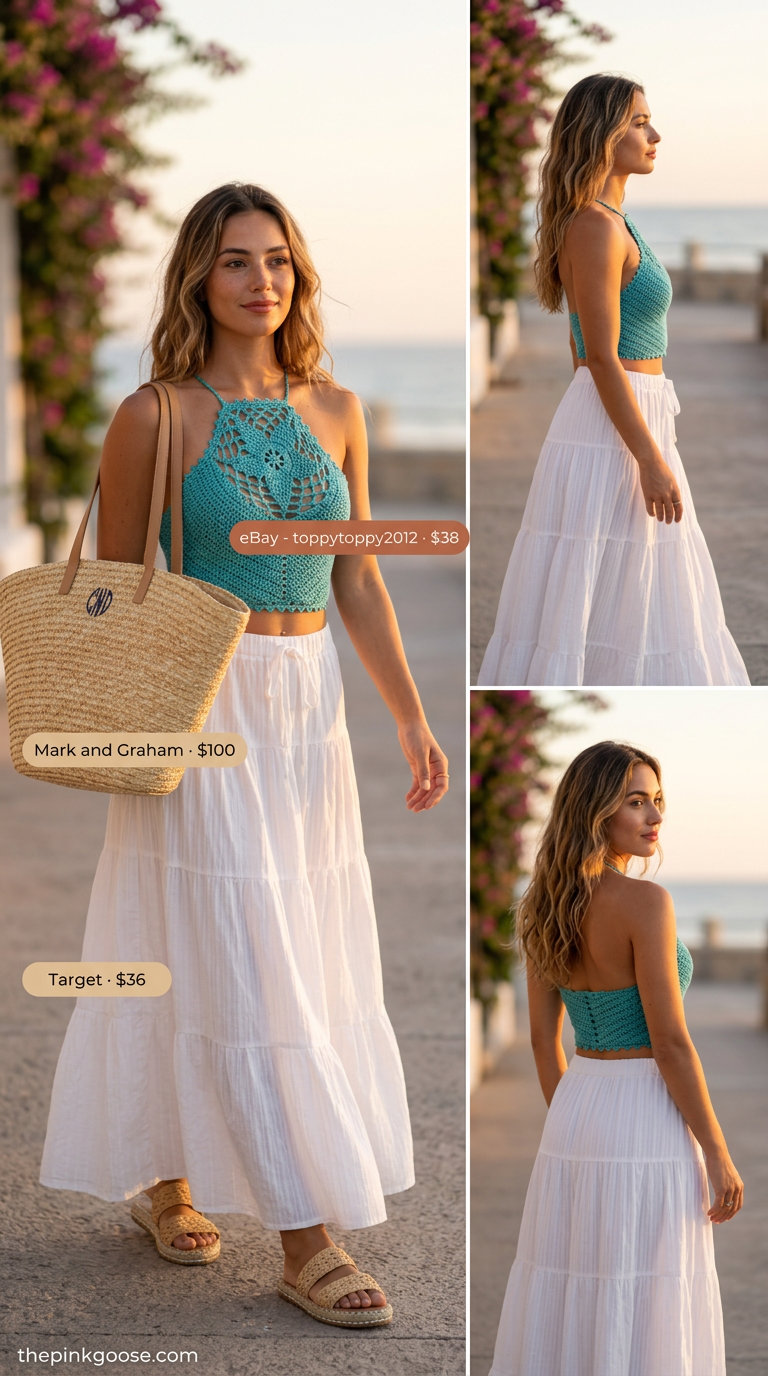 Crochet summer halter top outfits 2026: Turquoise crochet halter with tiered maxi skirt for resort wear.