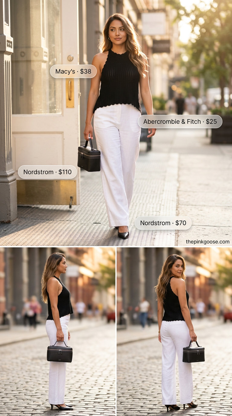 Crochet summer halter top outfits 2026: Sleek black crochet halter with white wide-leg trousers for urban chic.