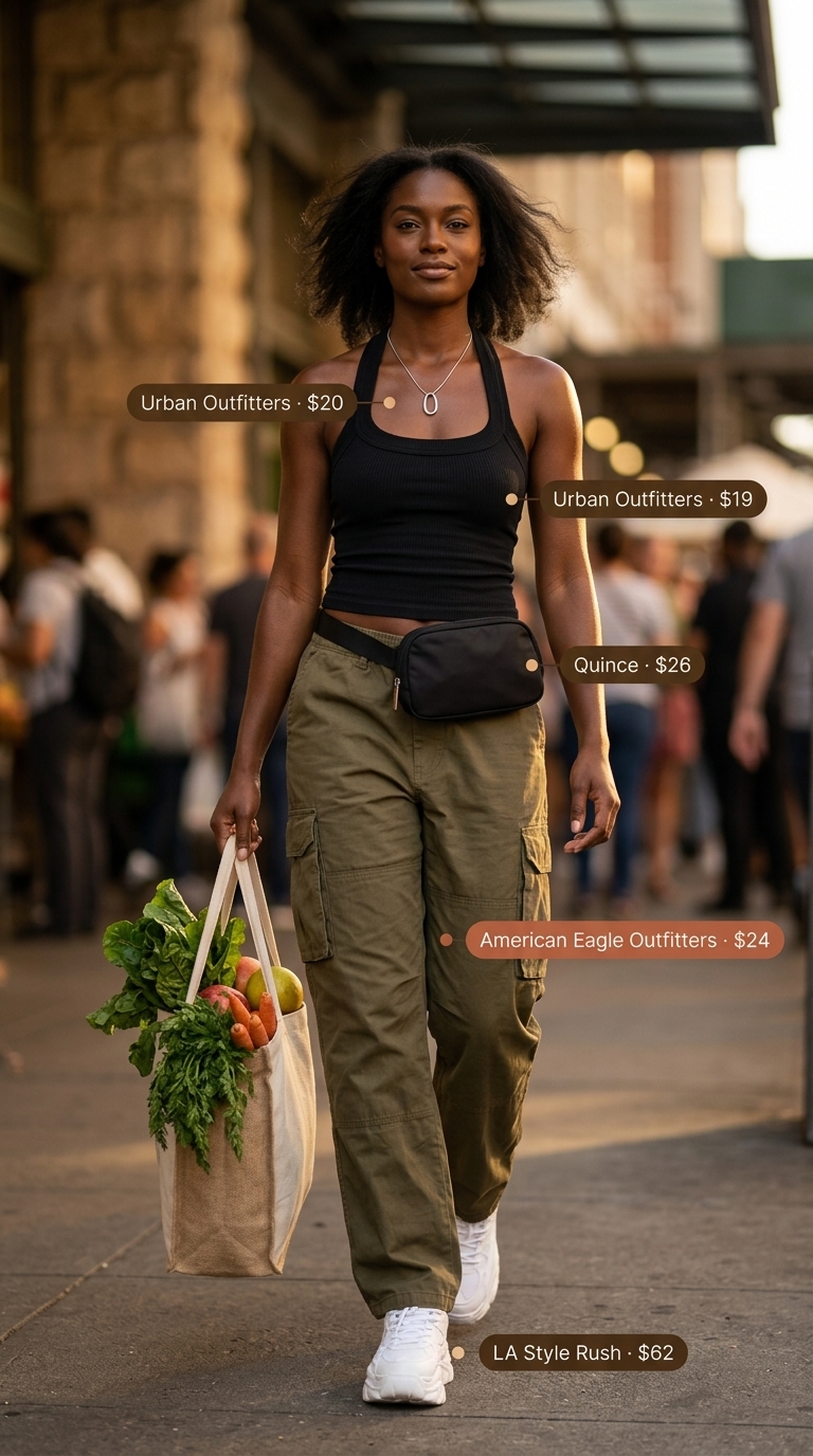 Black halter top outfits 2026 with khaki cargo pants and platform sneakers for urban exploration.