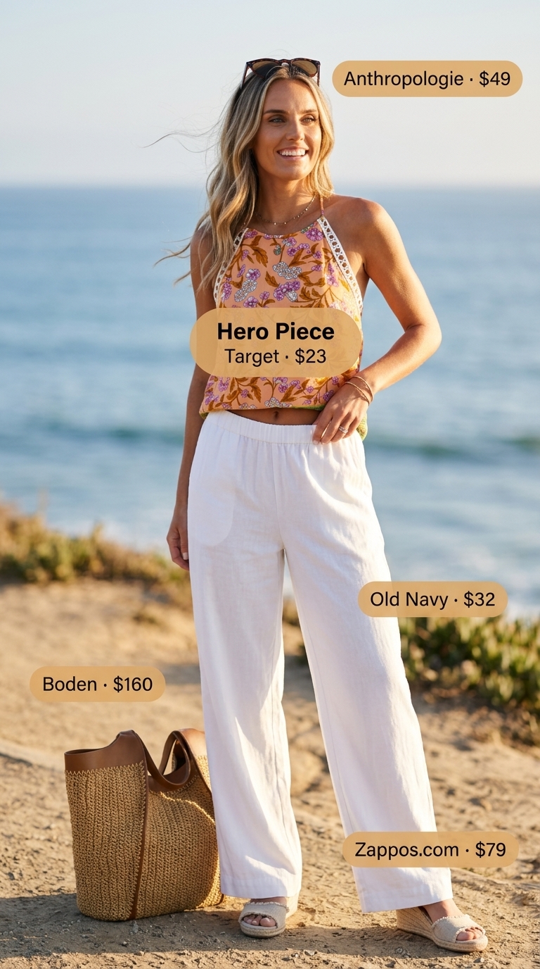 Floral halter top outfits 2026 with white wide-leg pants and espadrilles for vacation.