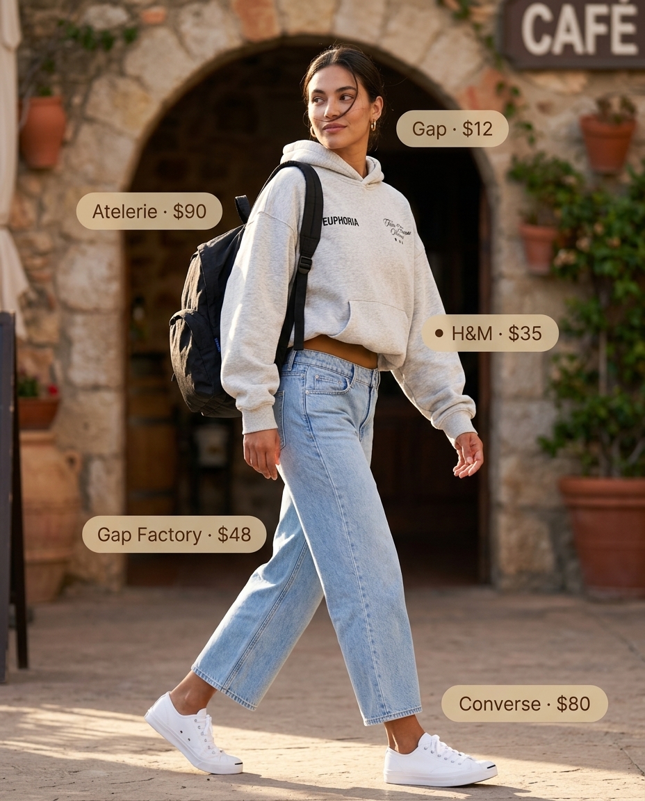 Athleisure cropped jean outfits summer for women 2026. Blue jeans, grey hoodie, white sneakers for casual errands.