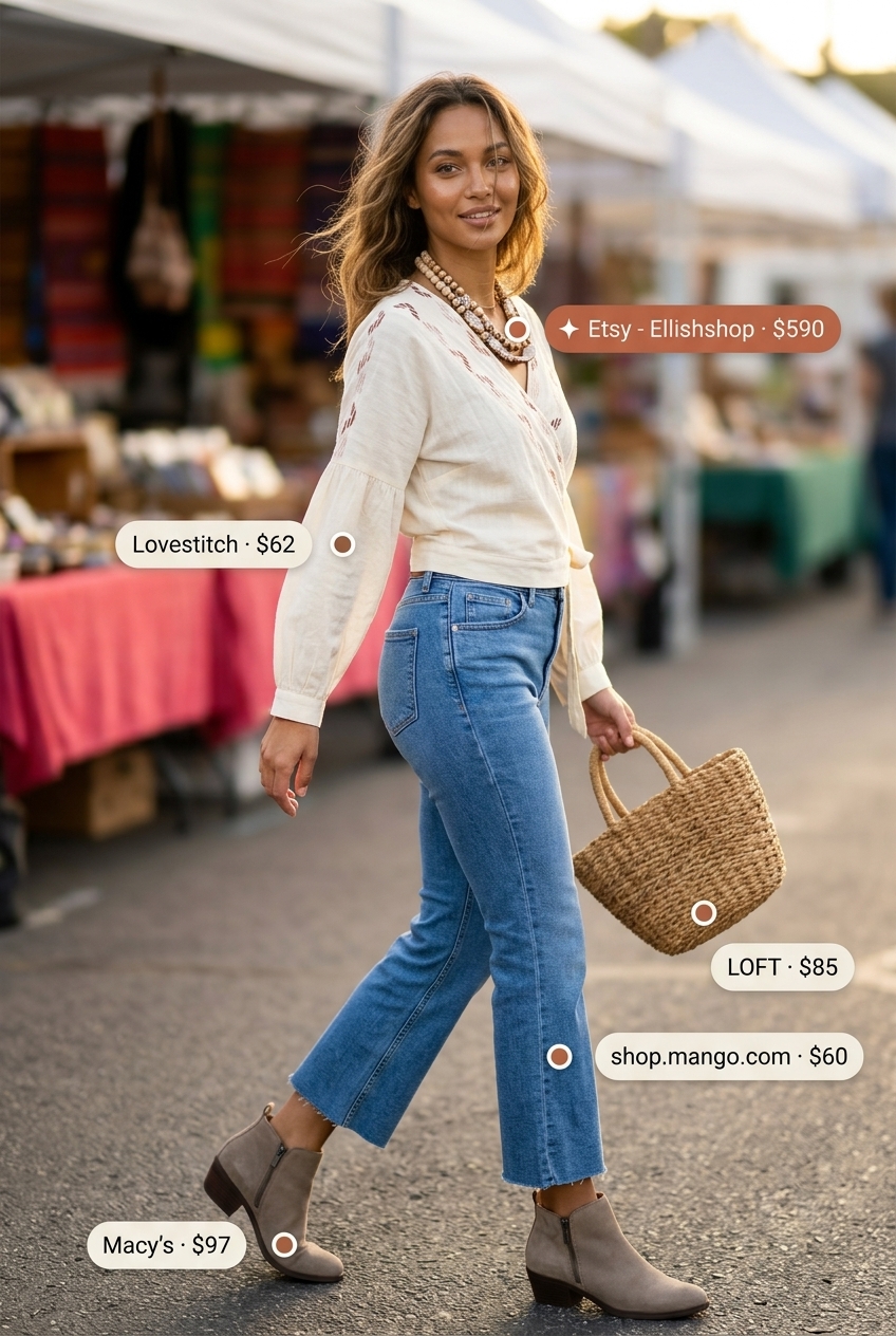 Boho chic cropped jean outfits summer for women 2026: Cream embroidered tunic top, medium wash cropped flares, suede boots & layered necklaces.