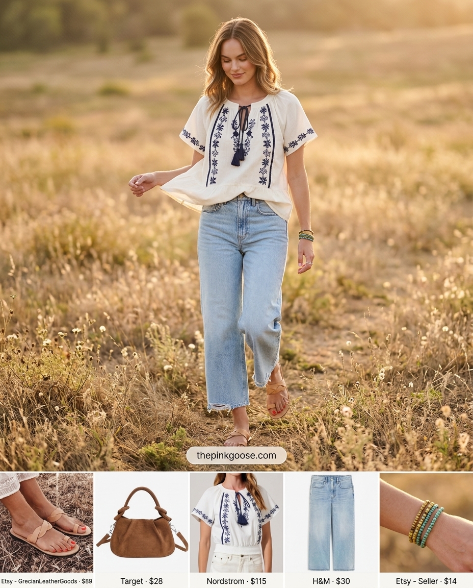 Boho summer cropped jean outfits for women 2026: Embroidered peasant blouse, light wash wide-leg cropped jeans, leather sandals & beaded bracelets.