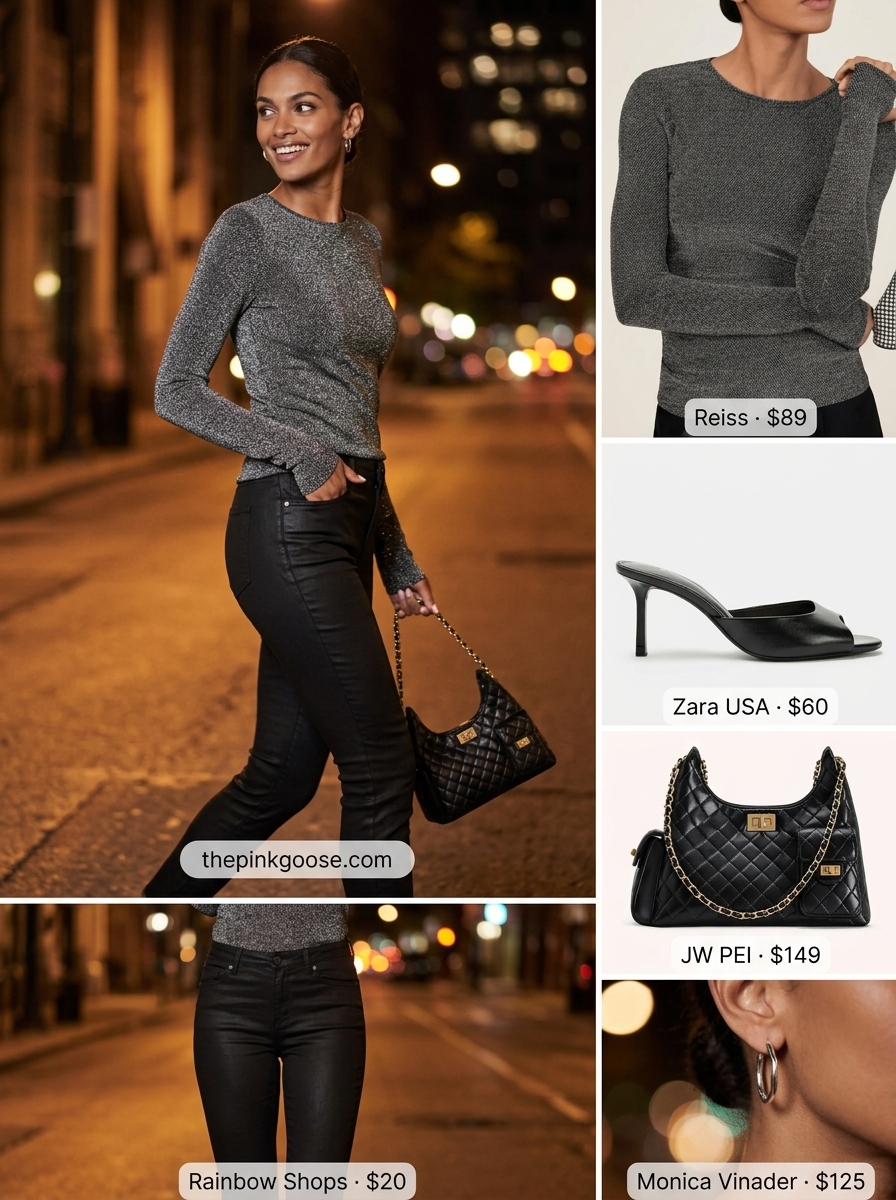 Chic evening cropped jean outfits summer for women 2026. Black jeans, metallic top, heeled mules for cocktail party.