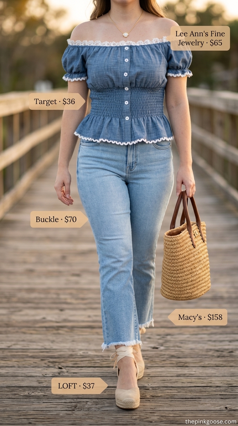Coastal cropped jean outfits summer for women 2026: Powder blue off-shoulder blouse, light wash flare cropped jeans, espadrilles & straw tote.