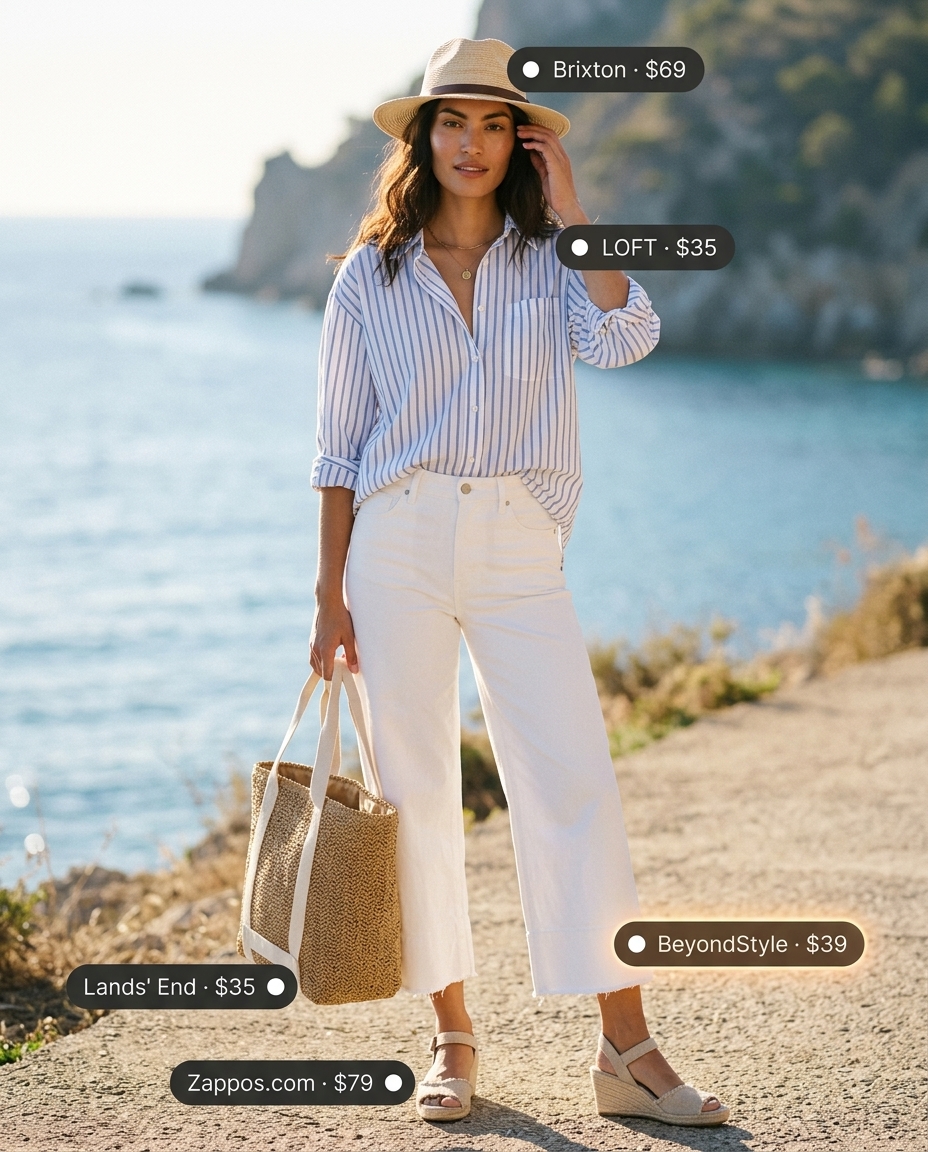 Coastal cool cropped jean outfits summer for women 2026. White jeans, striped shirt, espadrilles for beach day.