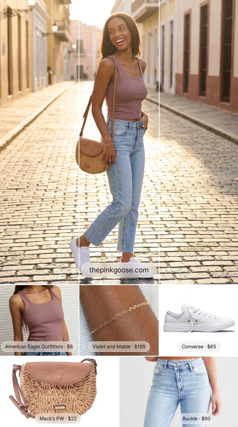Cropped jean outfits summer for women 2026: Light wash denim jeans with coral tank, white sneakers, and straw bag.