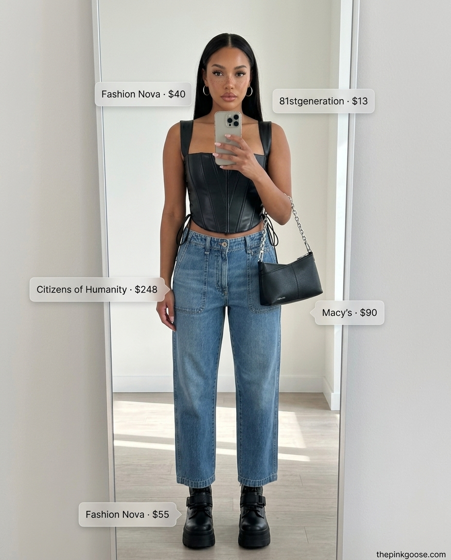 Edgy cropped jean outfits summer for women 2026: Faux leather corset top, black jeans, combat boots & silver chain bag.