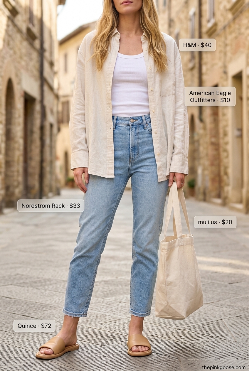 Effortless cropped jean outfits summer for women 2026. Blue boyfriend jeans, beige linen shirt, white tank for everyday.