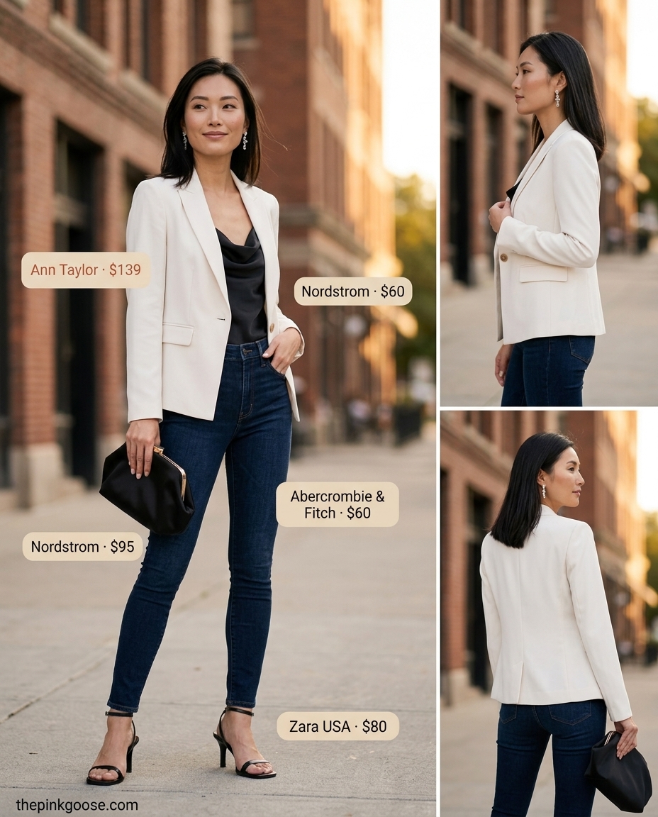 Sophisticated cropped jean outfits summer for women 2026: Cream blazer, black camisole, dark wash skinny cropped jeans, heeled sandals & clutch.