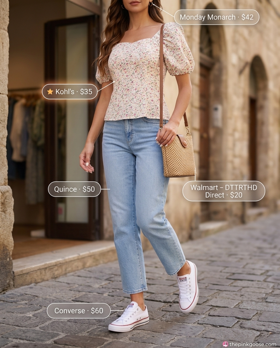 Cropped jean outfits summer for women 2026: Casual floral blouse with cropped jeans, sneakers, and straw bag.