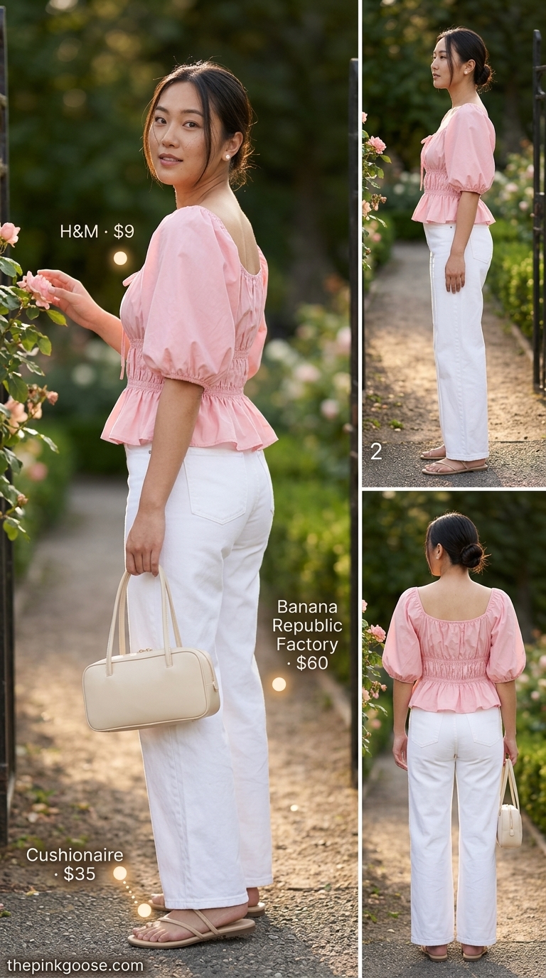 Cropped jean outfits summer for women 2026: Garden party look with white jeans, pink puff sleeve blouse, and nude sandals.