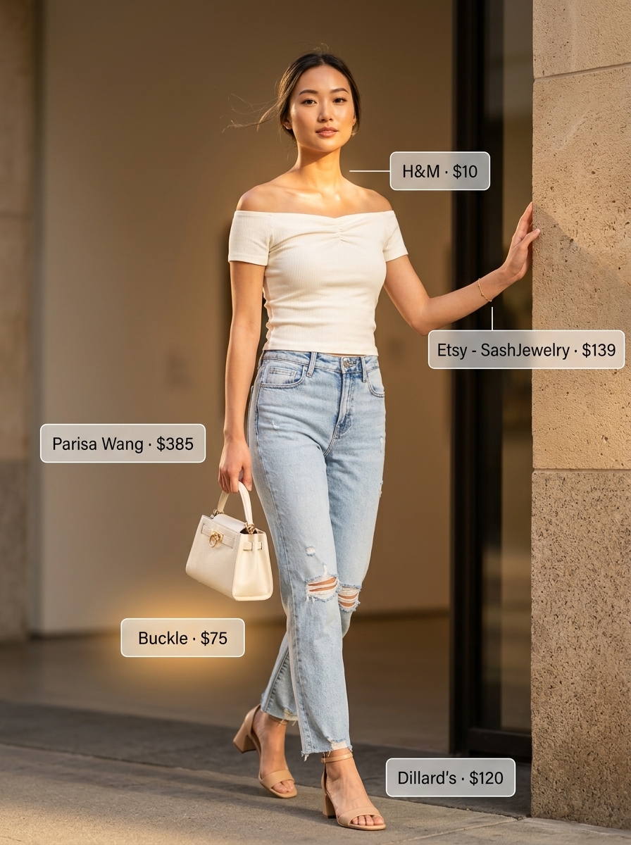 Monochromatic chic cropped jean outfits summer for women 2026. Light blue jeans, cream top, beige sandals for a lunch date.