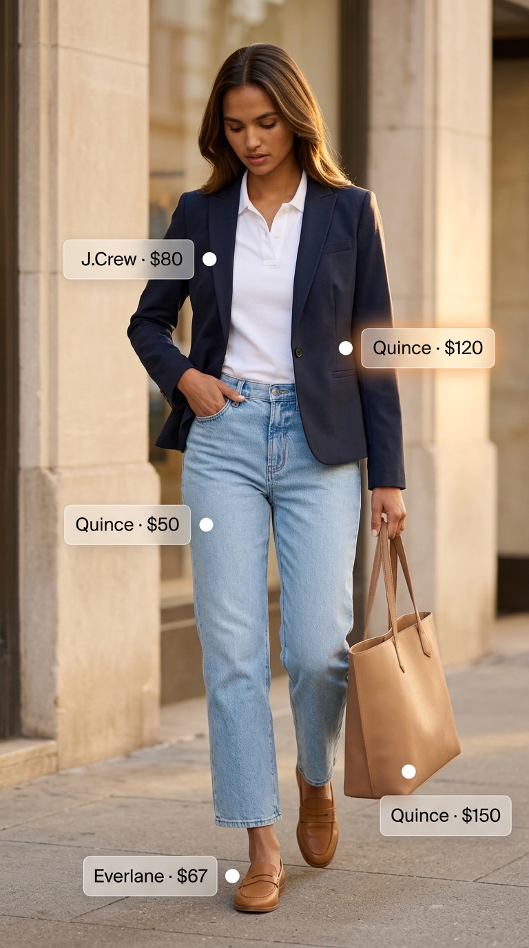 Preppy cropped jean outfits summer for women 2026: Navy blazer, white polo, light wash straight-leg cropped jeans, loafers & tote.