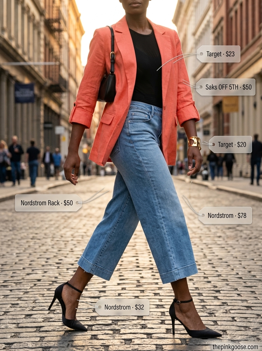 Cropped jean outfits summer for women 2026: Wide-leg cropped jeans with orange blazer, black bodysuit, and heels.