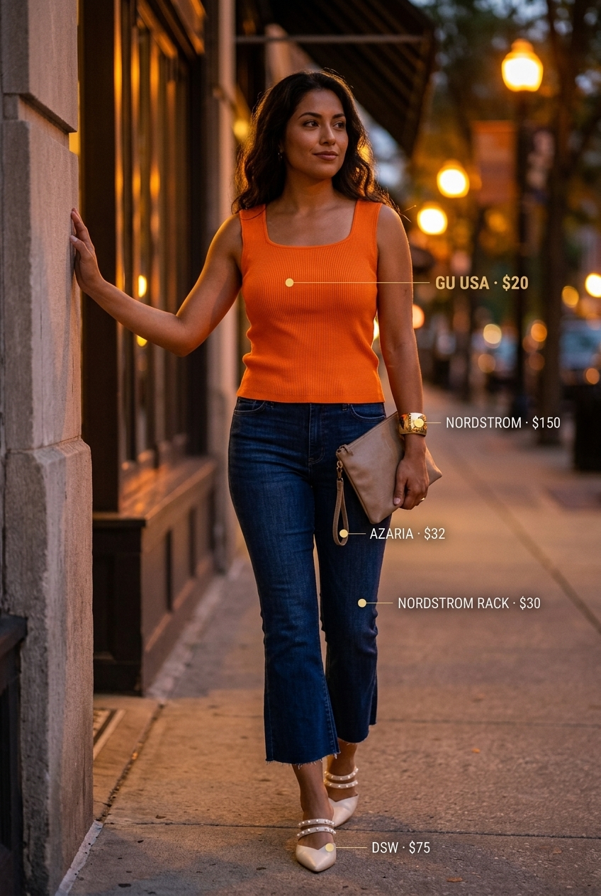 Sunset glow cropped jean outfits summer for women 2026. Blue flare jeans, orange tank top, heeled mules for evening.