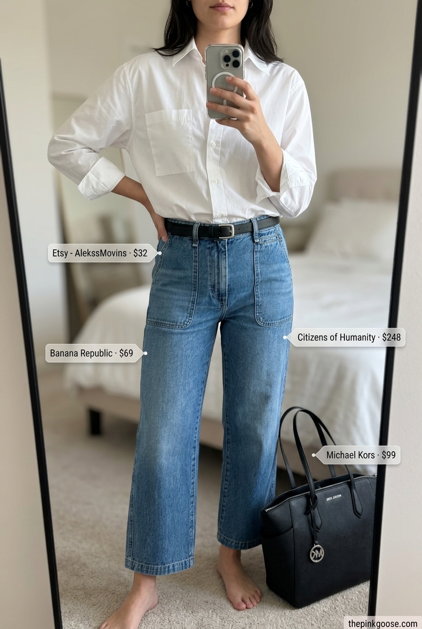 Cropped jean outfits summer for women 2026: Urban chic with white button-down, black belt, mules, and tote.