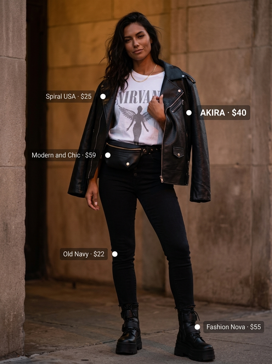 Edgy cropped jean outfits summer for women 2026. Black jeans, moto jacket, band tee for a concert.