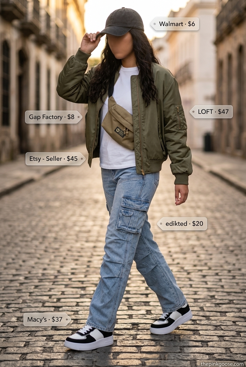Cropped jean outfits summer for women 2026: Cargo cropped jeans with bomber jacket, tee, and chunky sneakers.