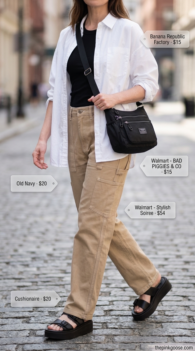 Cute mom outfit summer for women 2026: Khaki cargo pants, white shirt, platform sandals for adventure.