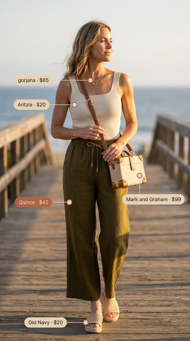 Cute mom outfit summer for women 2026: Olive linen pants, cream tank, espadrilles for boardwalk.
