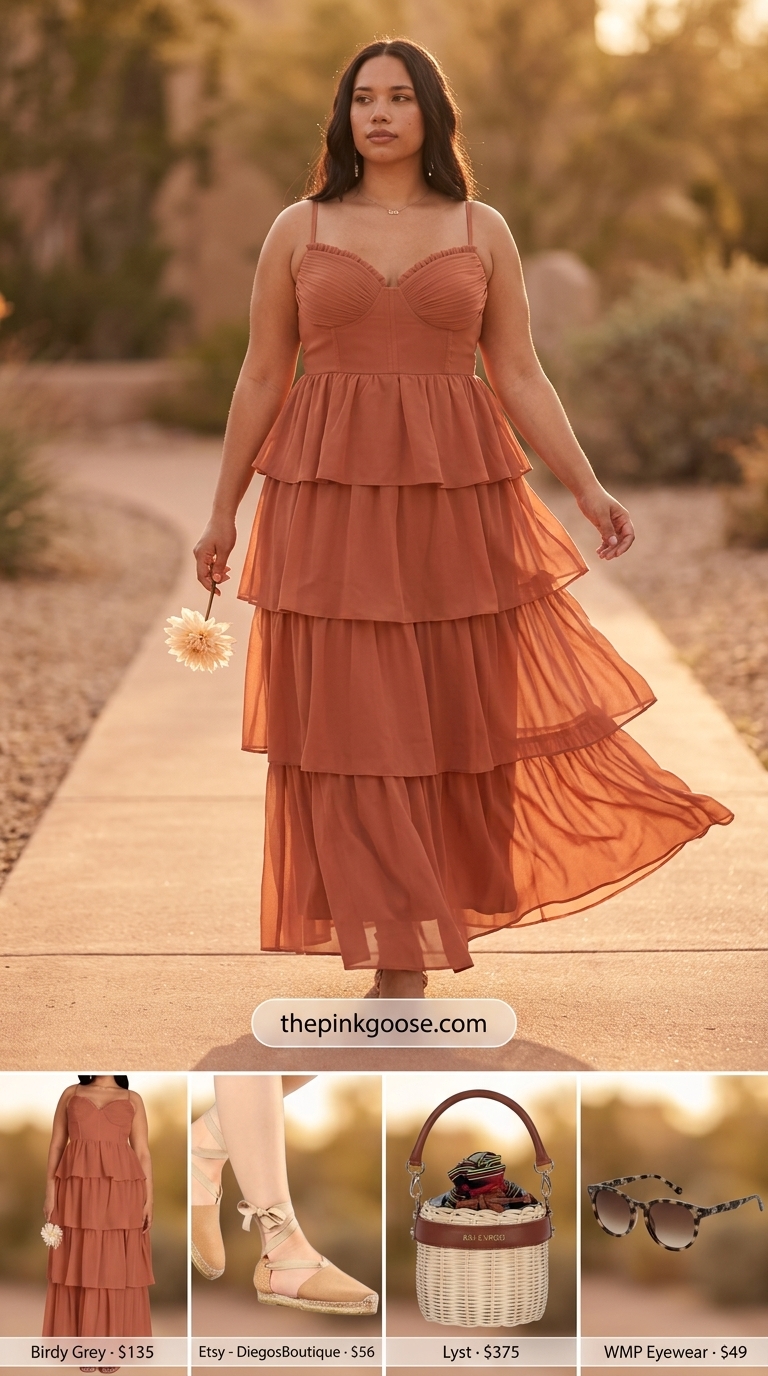 Cute mom outfits summer for women 2026: Terracotta maxi dress, jute espadrilles, straw bucket bag for a boho sunset look.