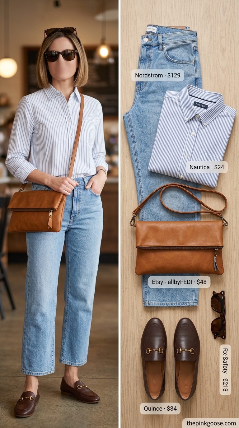 Cute mom outfits summer for women 2026: White stripe shirt, light wash jeans, cognac loafers, and crossbody bag for cafe morning.
