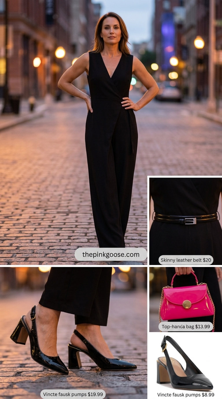 Cute mom outfit summer for women 2026: Black romper, fuchsia bag, slingbacks for city stroll.