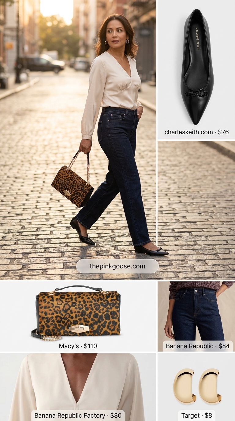 Cute mom outfits summer for women 2026: Cream silk blouse, dark wash jeans, leopard bag, and pointed flats for casual lunch.