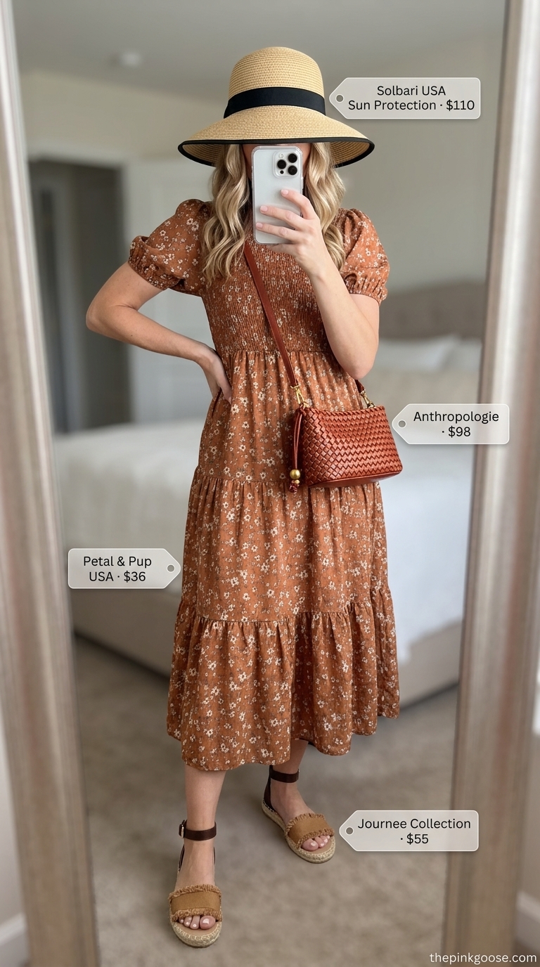 Cute mom outfits summer for women 2026: Terracotta floral dress, straw hat, espadrilles for farmers market.