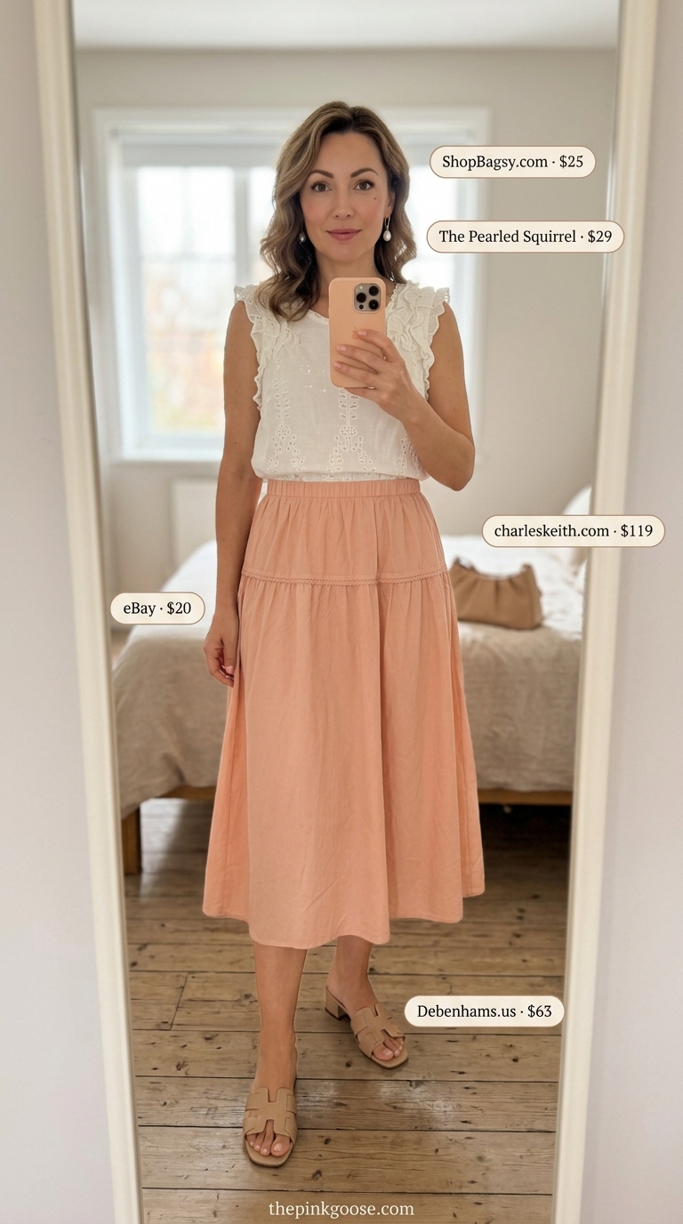 Cute mom outfits summer for women 2026: Peach skirt, ivory blouse, tan mules for a garden party.