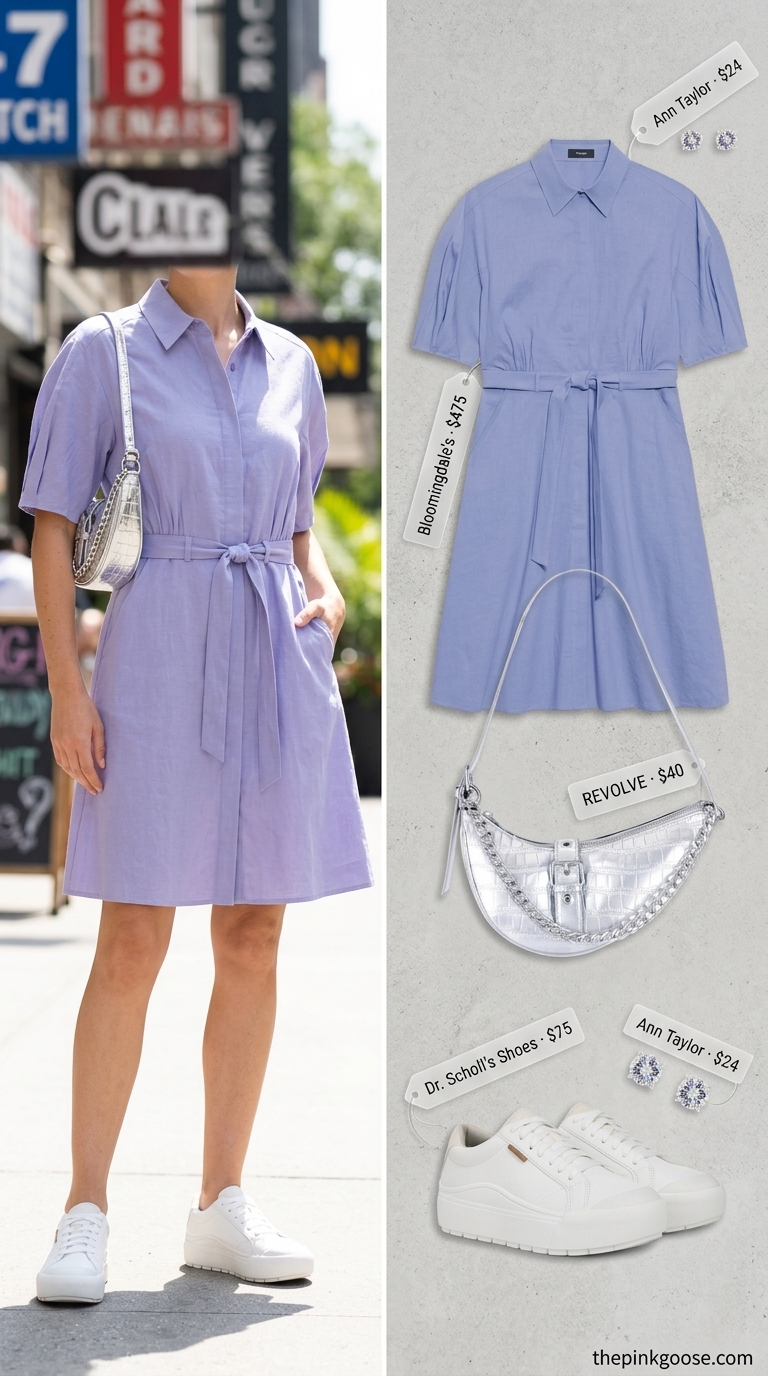 Cute mom outfits summer for women 2026: Lavender shirt dress, silver crossbody bag, sneakers, and stud earrings for weekend wanderlust.