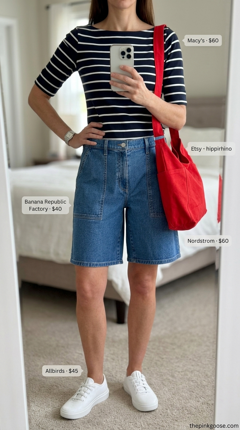 Cute mom outfits summer for women 2026: Denim shorts, striped tee, sneakers for a sporty park playdate.
