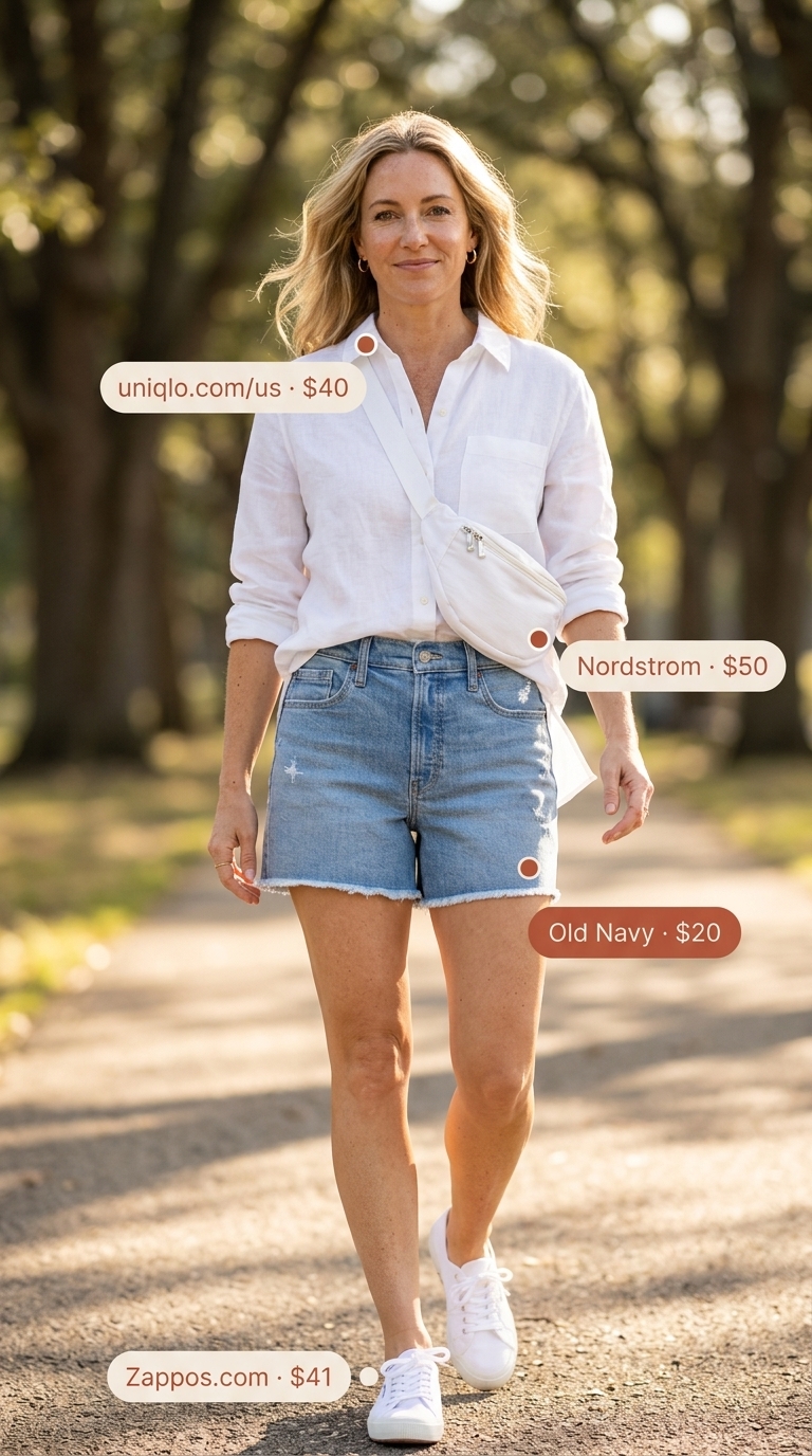 Cute mom outfit summer for women 2026: Denim shorts, coral tank, linen shirt for park.