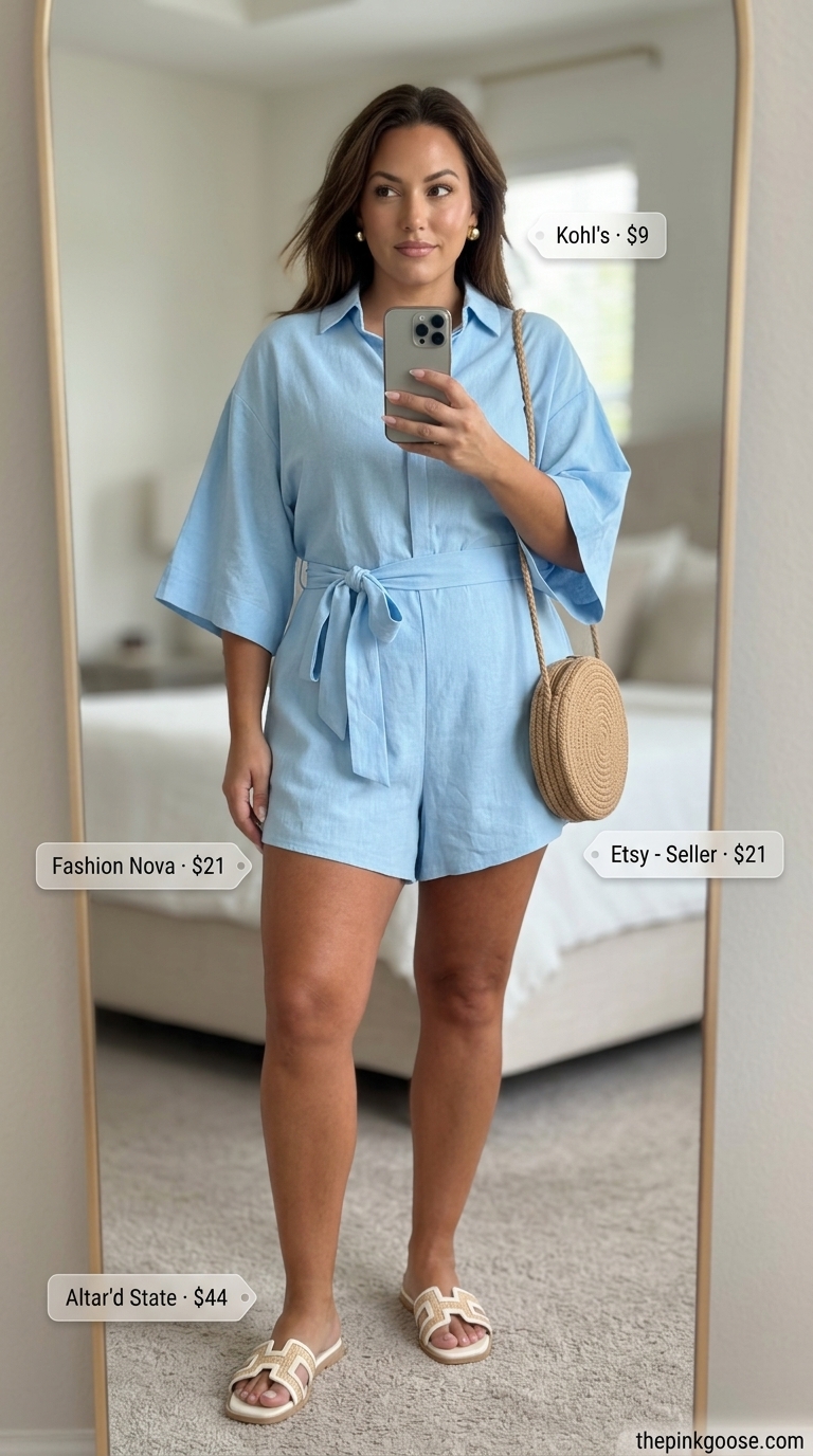 Cute mom outfit summer for women 2026: Light blue linen romper, white espadrilles, straw bag for a patio lunch.