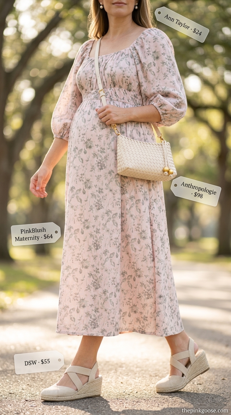 Cute mom outfits summer for women 2026: Blush pink floral dress, espadrilles, straw bag for a park playdate.