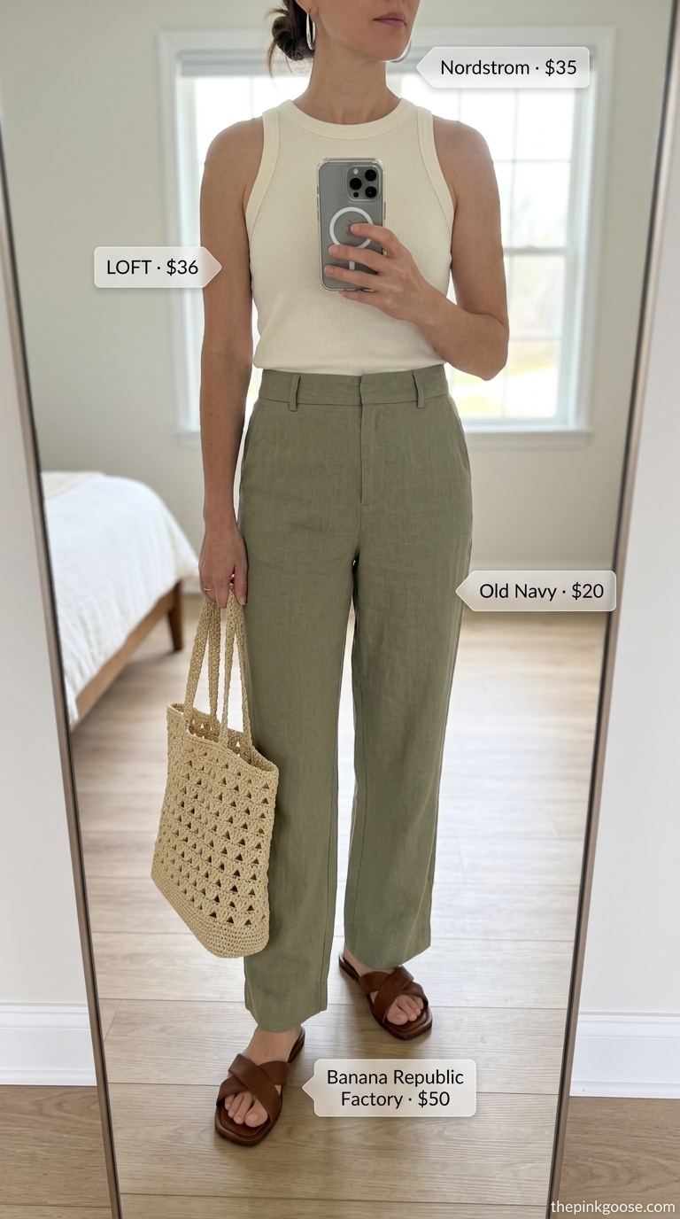 Cute mom outfits summer for women 2026: Sage green pants, cream knit top, straw tote for a seaside stroll.