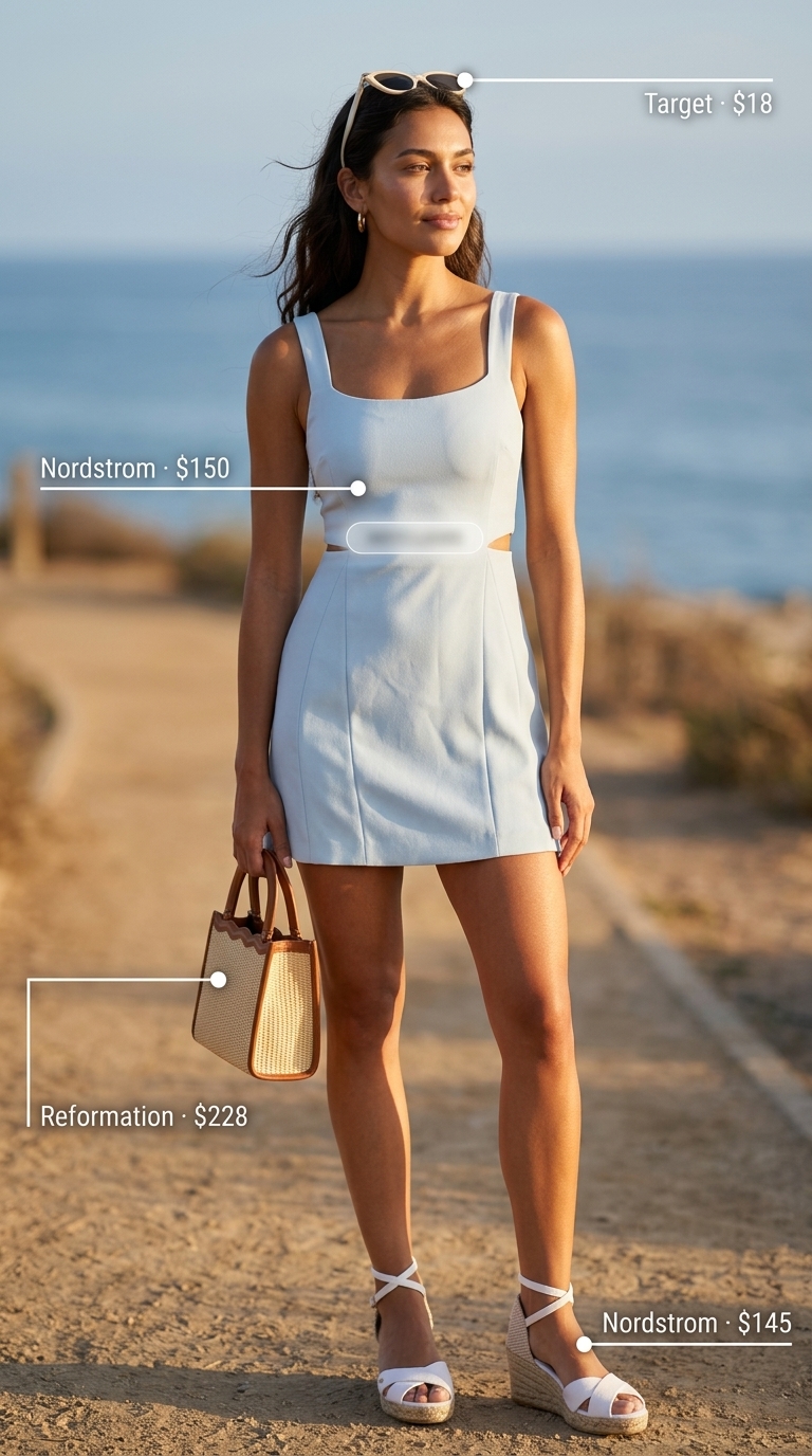 Cute mom outfits summer for women 2026: Sky blue A-line dress, raffia bag, espadrille sandals, and cat-eye sunglasses for getaway.