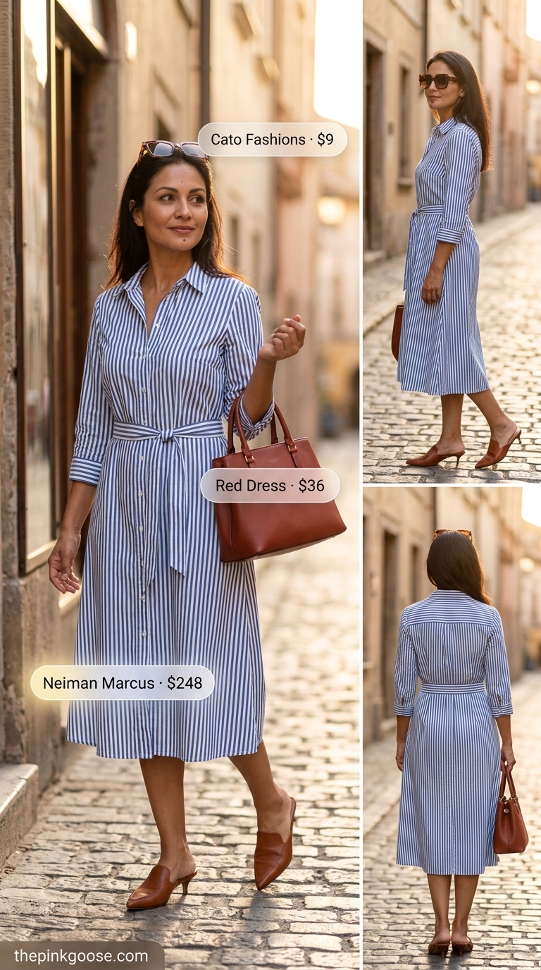 Cute mom outfits summer for women 2026: Blue stripe shirt dress, cognac mules, structured bag, and tortoise sunglasses for weekend retreat.